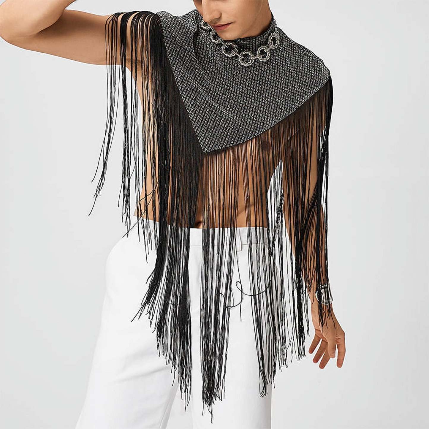 Men's Fringed Glitter Triangle Turtleneck Cape Cloak for Evening Club Party