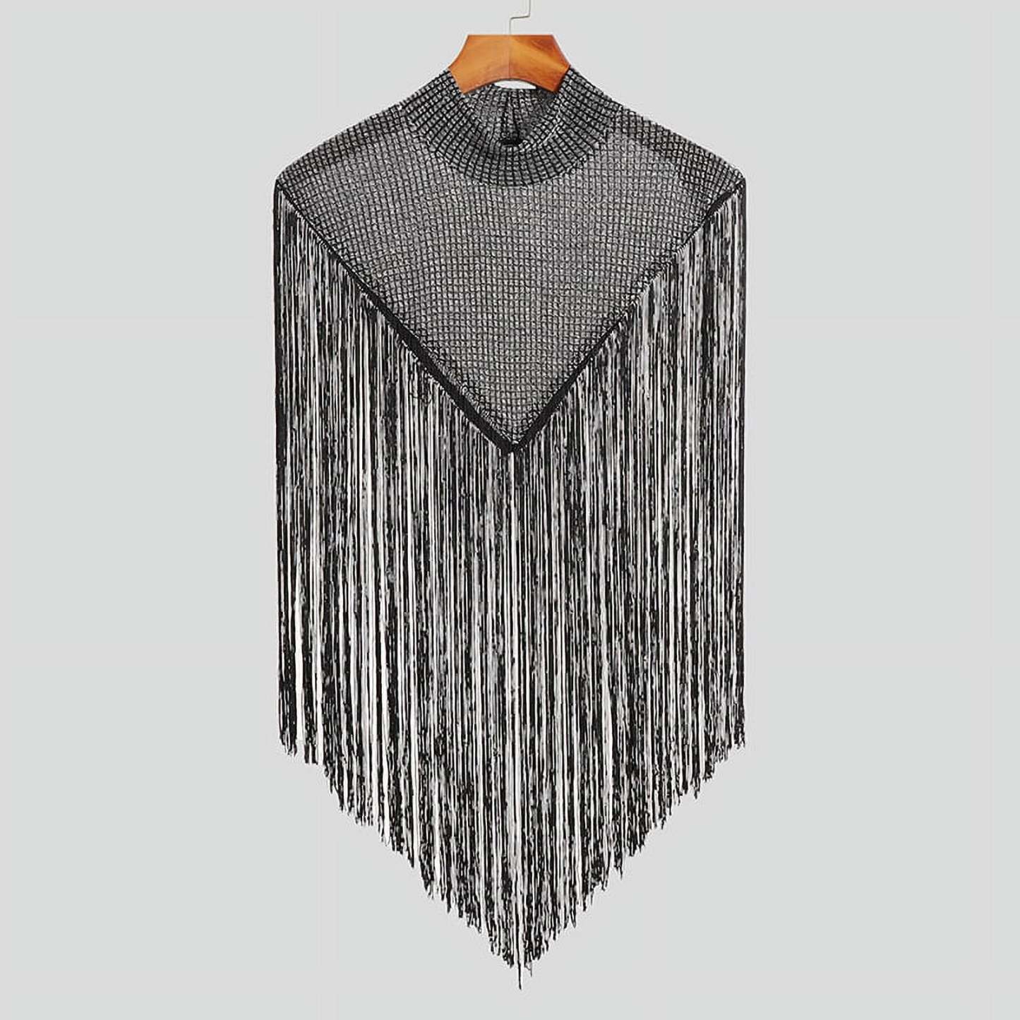 Men's Fringed Glitter Triangle Turtleneck Cape Cloak for Evening Club Party
