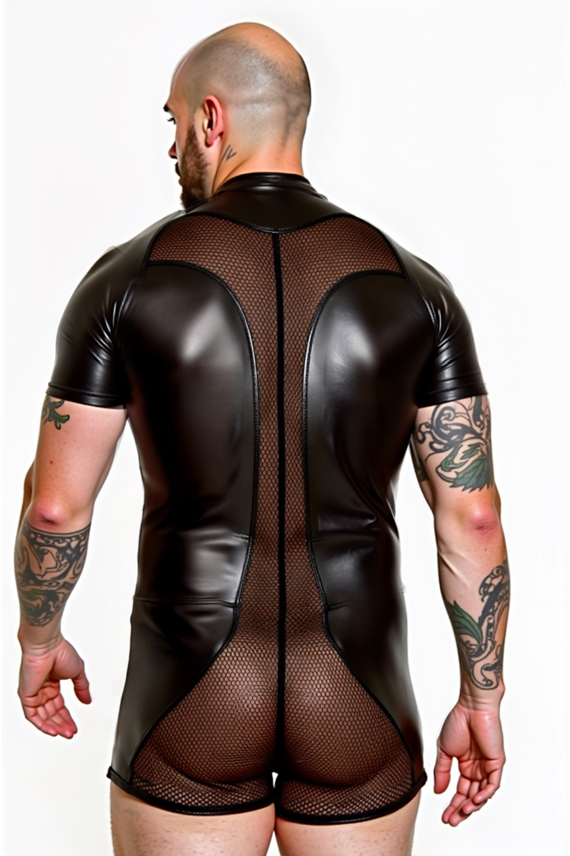Mysteryglove Men's Black Mesh-Backed Bodysuit with Front Zipper