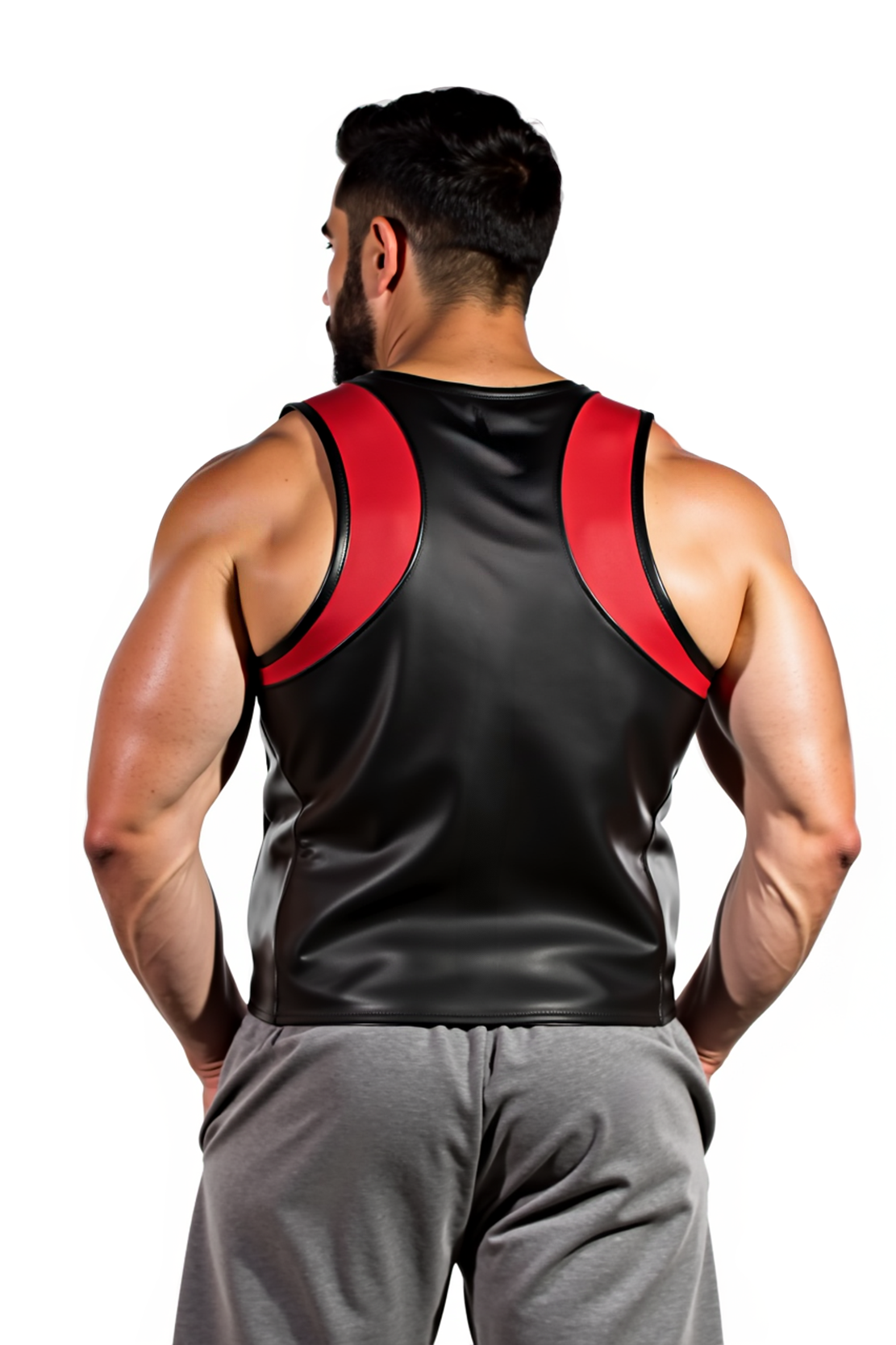 Mysteryglove Men's Black Faux Leather Tank Top with Red Accents and Zipper