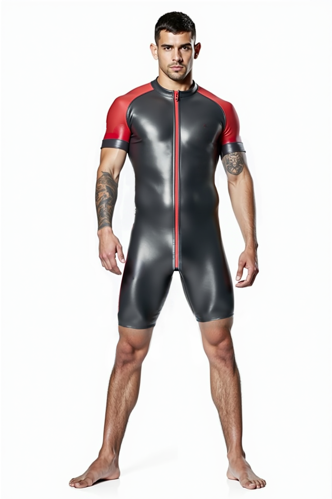 Mysteryglove Shiny Black & Red Skin-Tight Romper – Full-Body Zip Jumpsuit