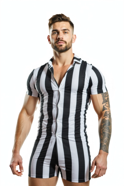 Joylgbt Black & White Striped Bodysuit – Slim Fit Stretch Romper with Collar