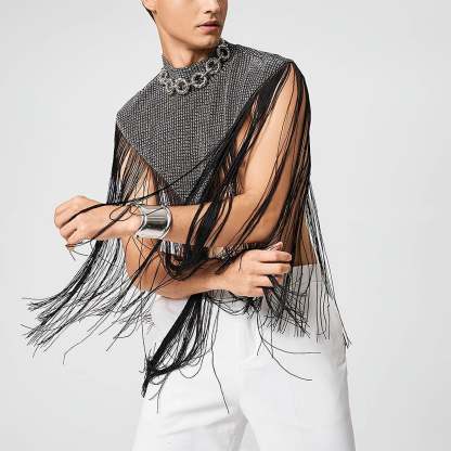 Men's Fringed Glitter Triangle Turtleneck Cape Cloak for Evening Club Party