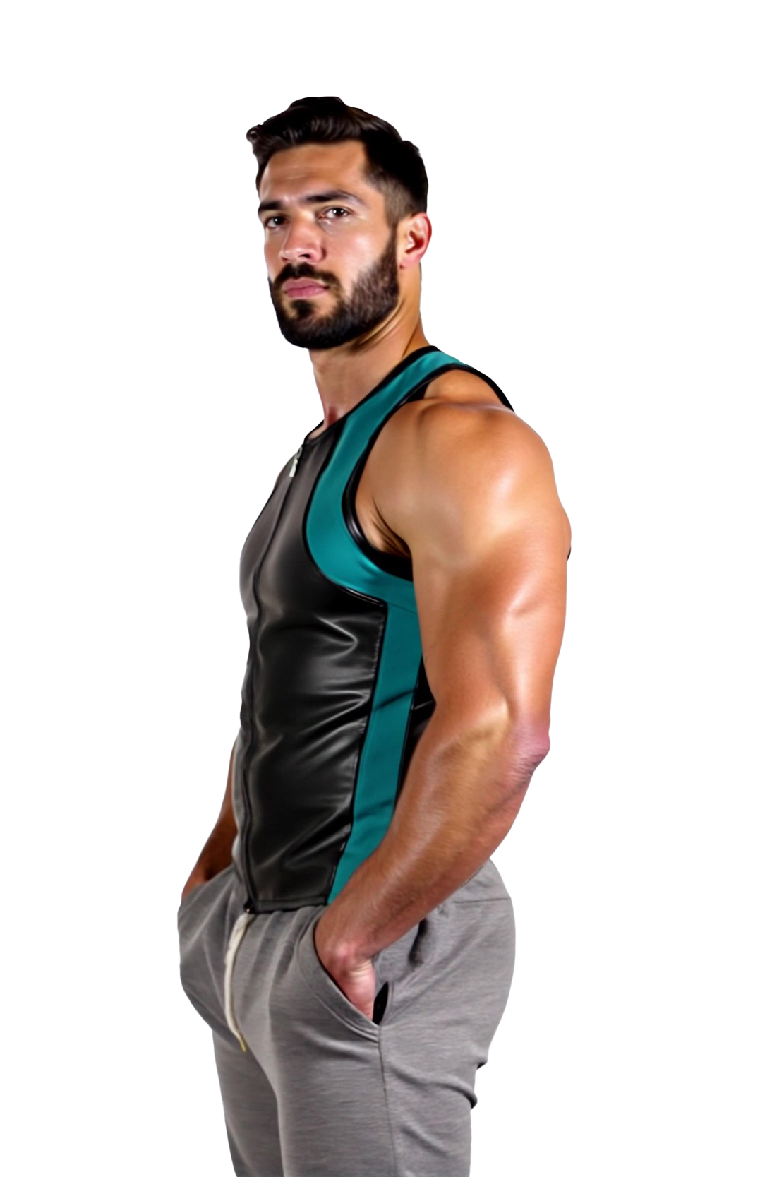 Men's Black Faux Leather Tank Top with Red Accents and Zipper