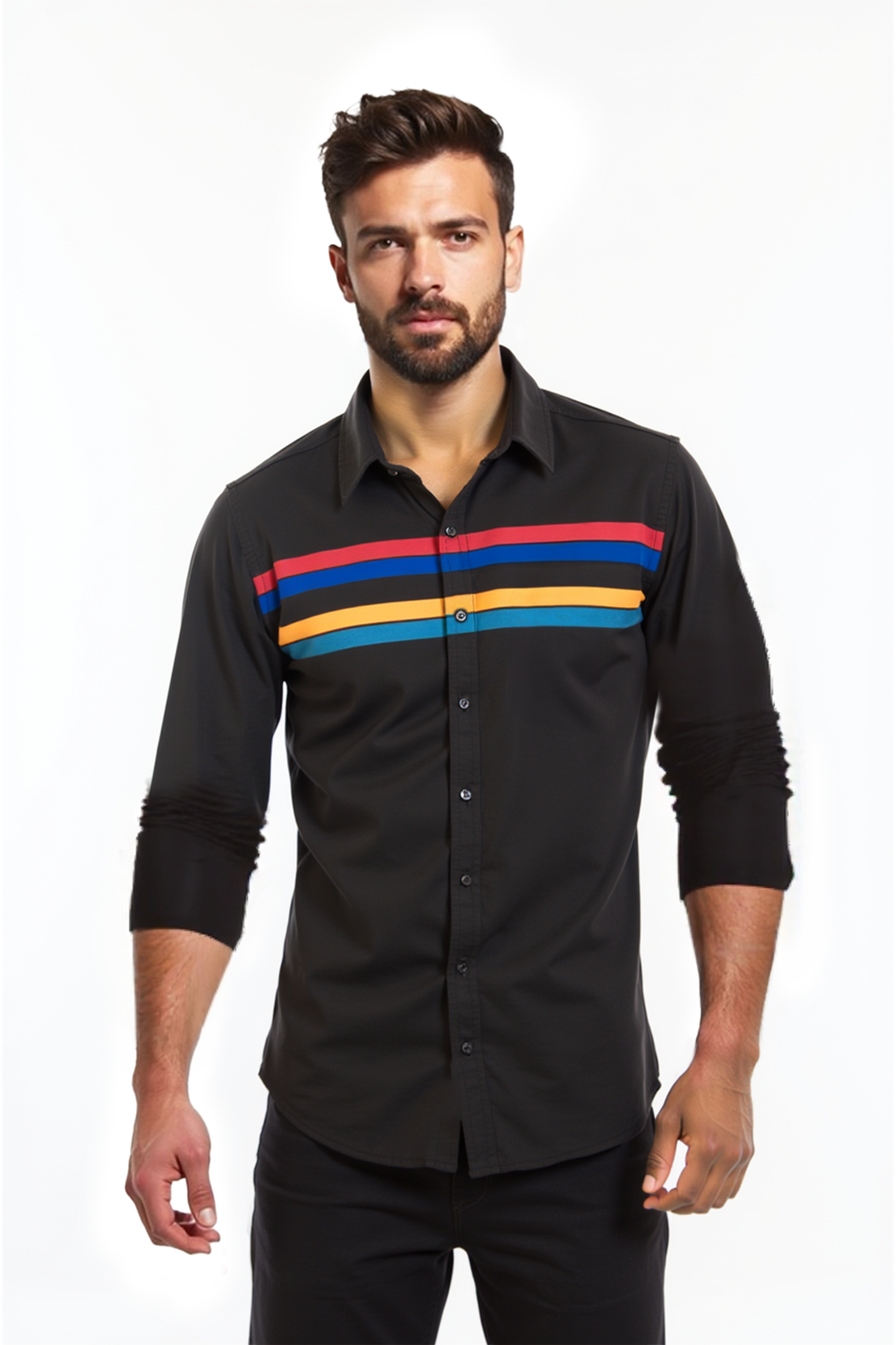 Black Button-Up Shirt with Retro Rainbow Stripes