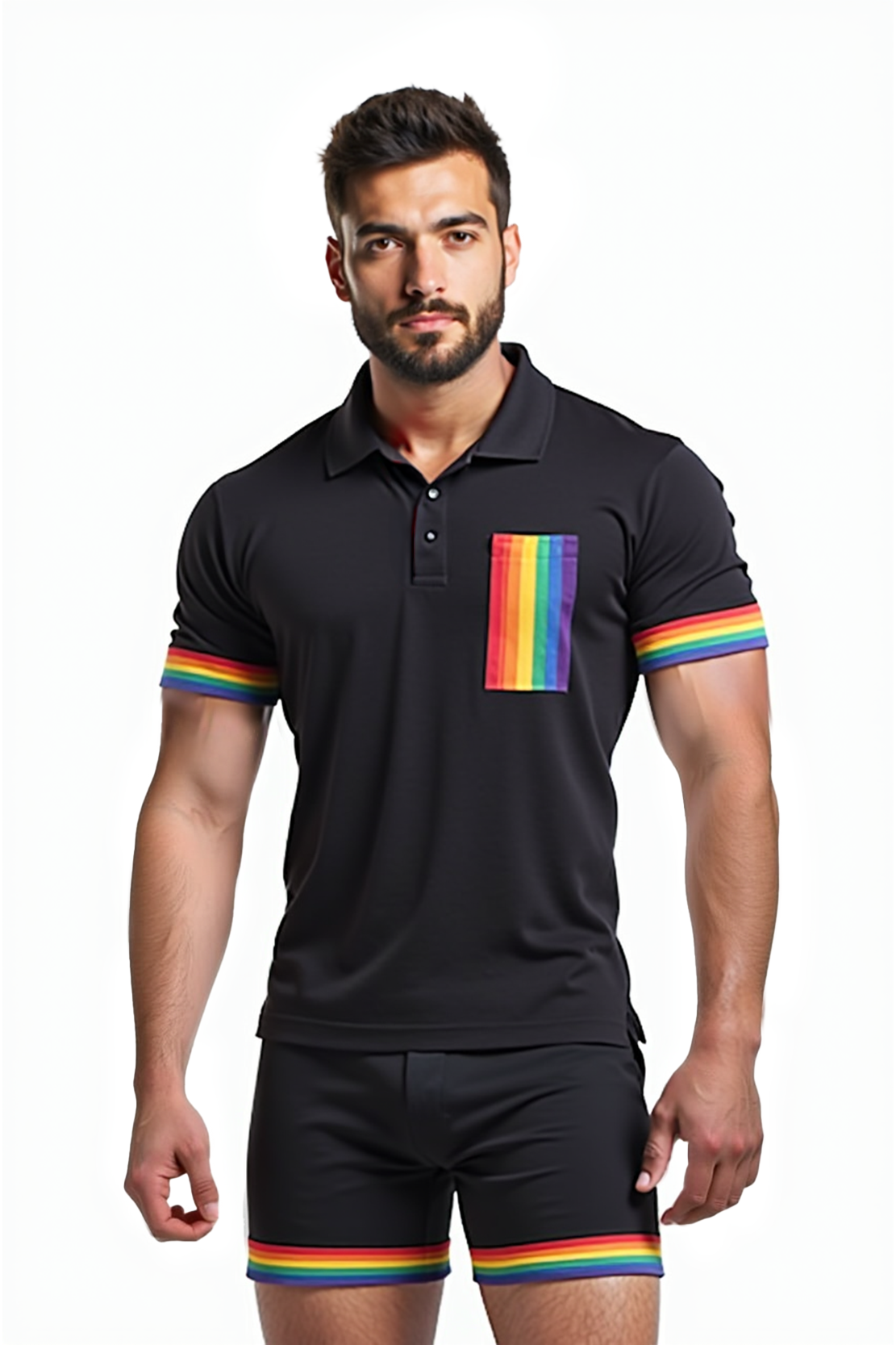 Black Polo & Shorts Set with Rainbow Pocket