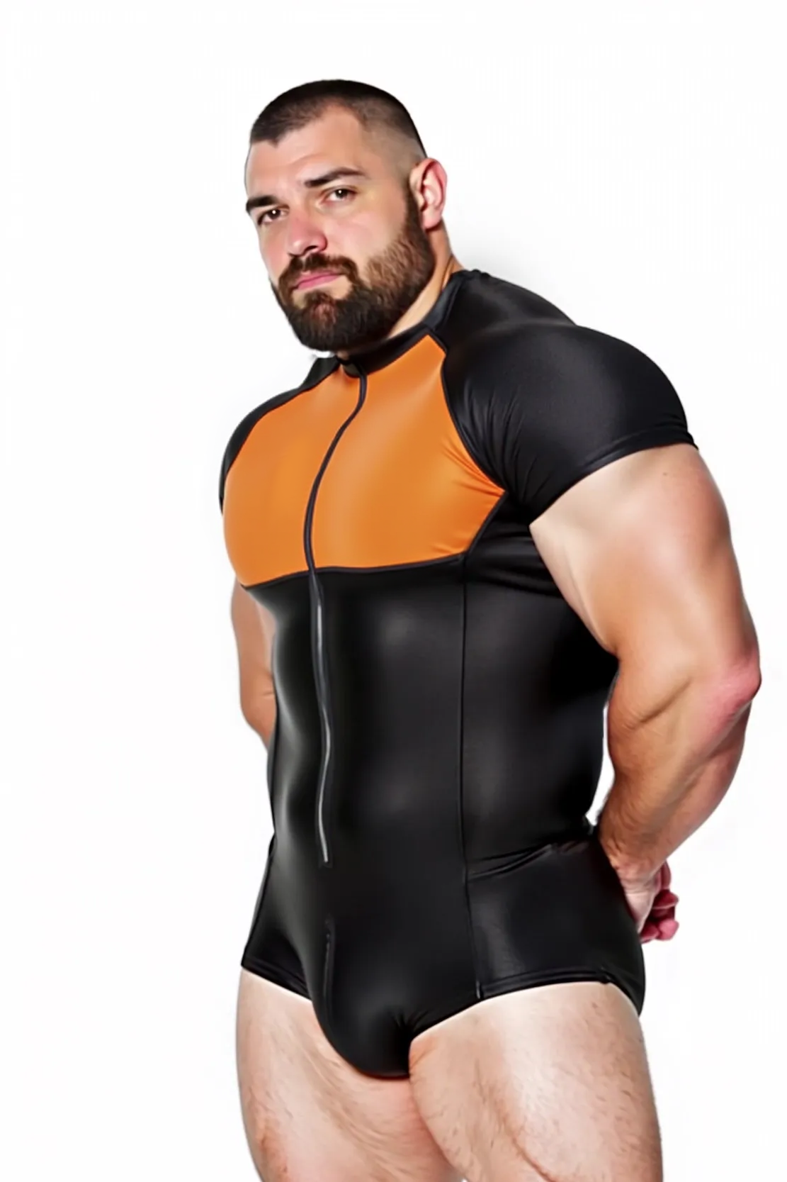 Men’s Black and Orange Muscle Fit Zipper Bodysuit