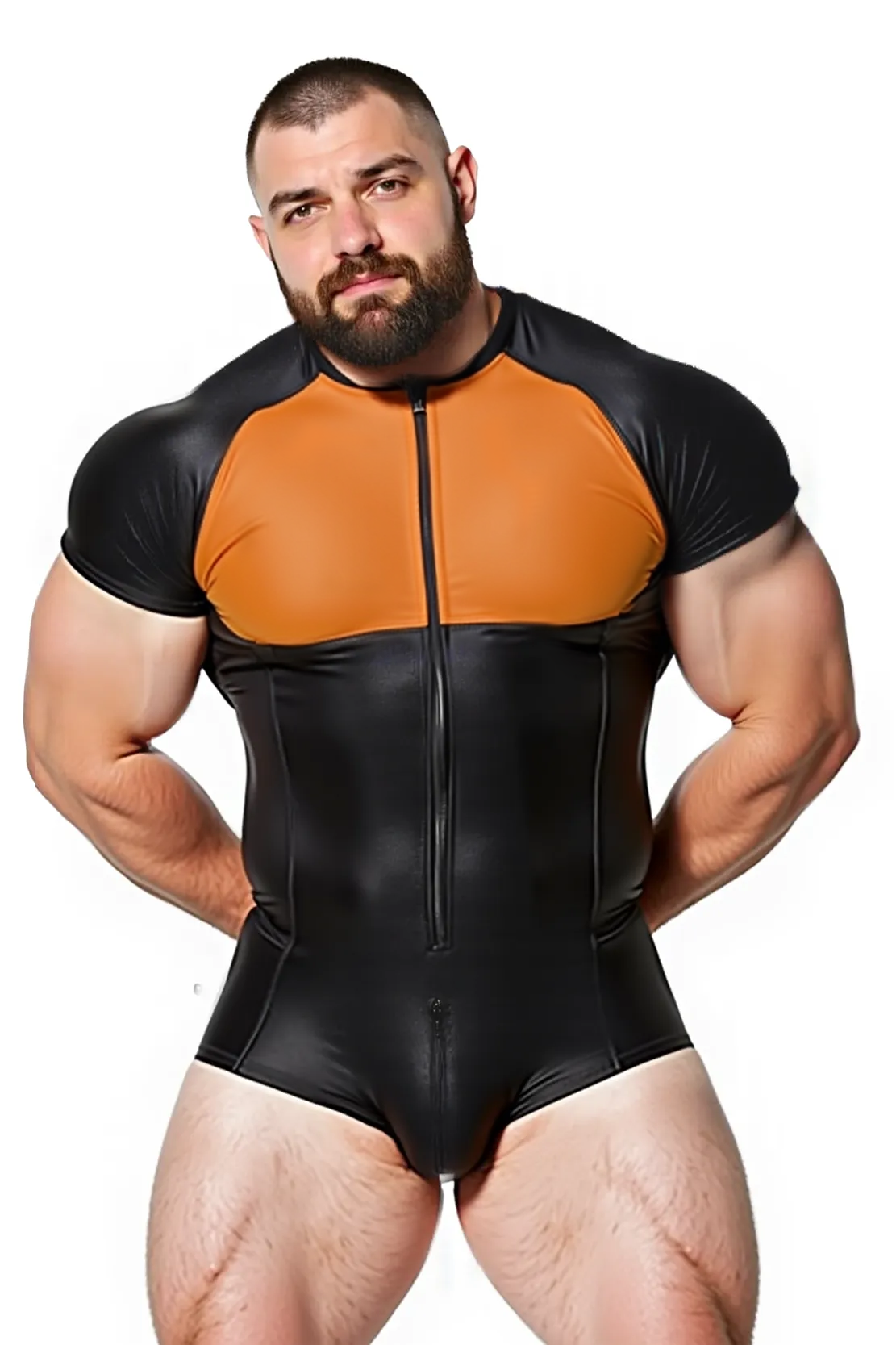 Men’s Black and Orange Muscle Fit Zipper Bodysuit