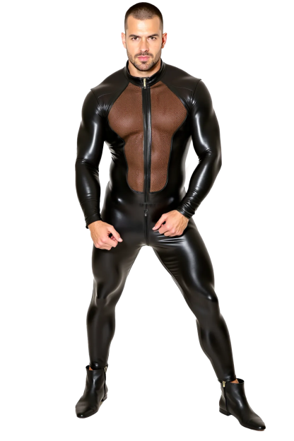 Men's Black Leather-Look Zip Bodysuit with Mesh Back Detail