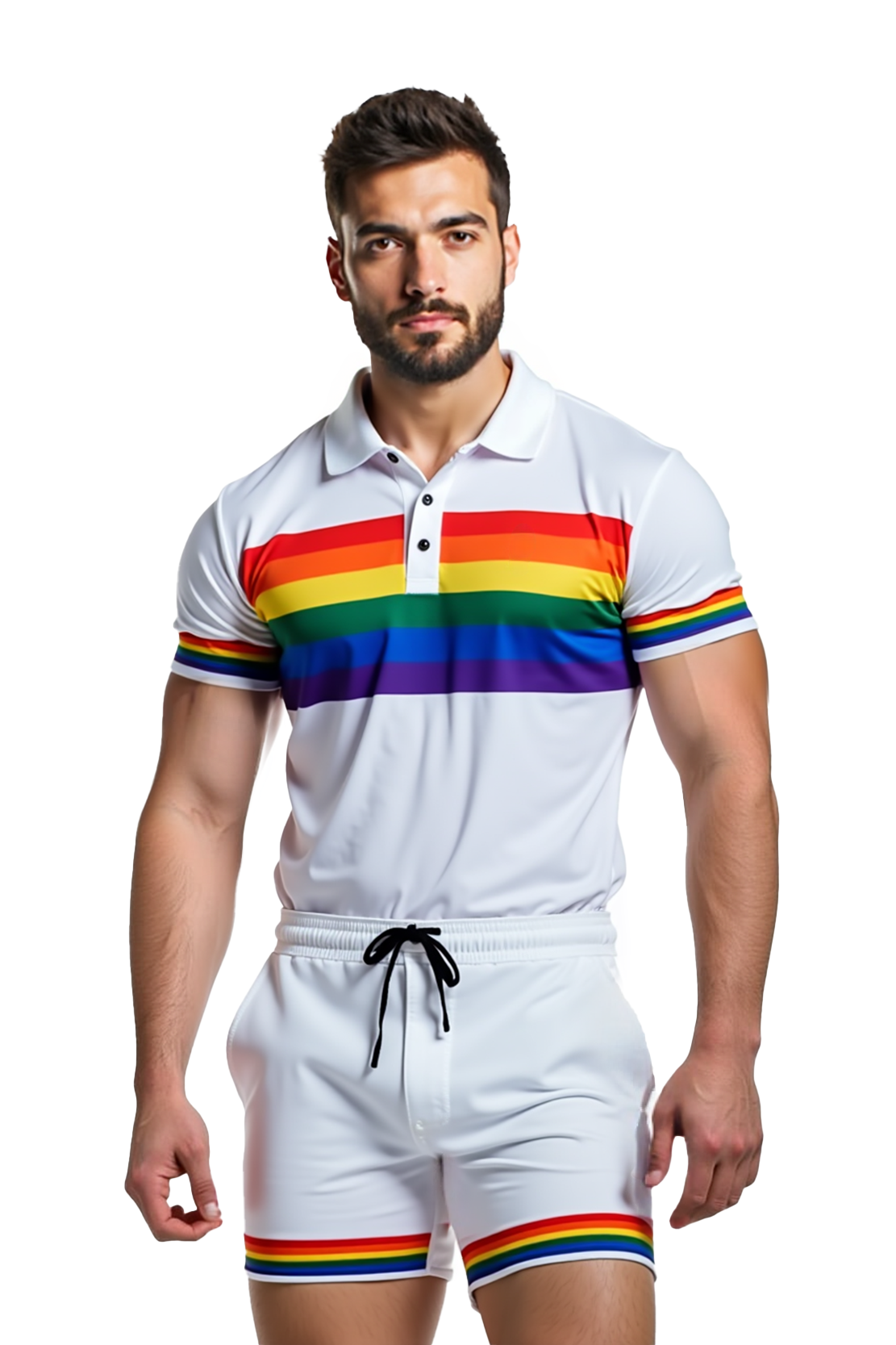 Bold Rainbow Stripe Polo & Shorts Set