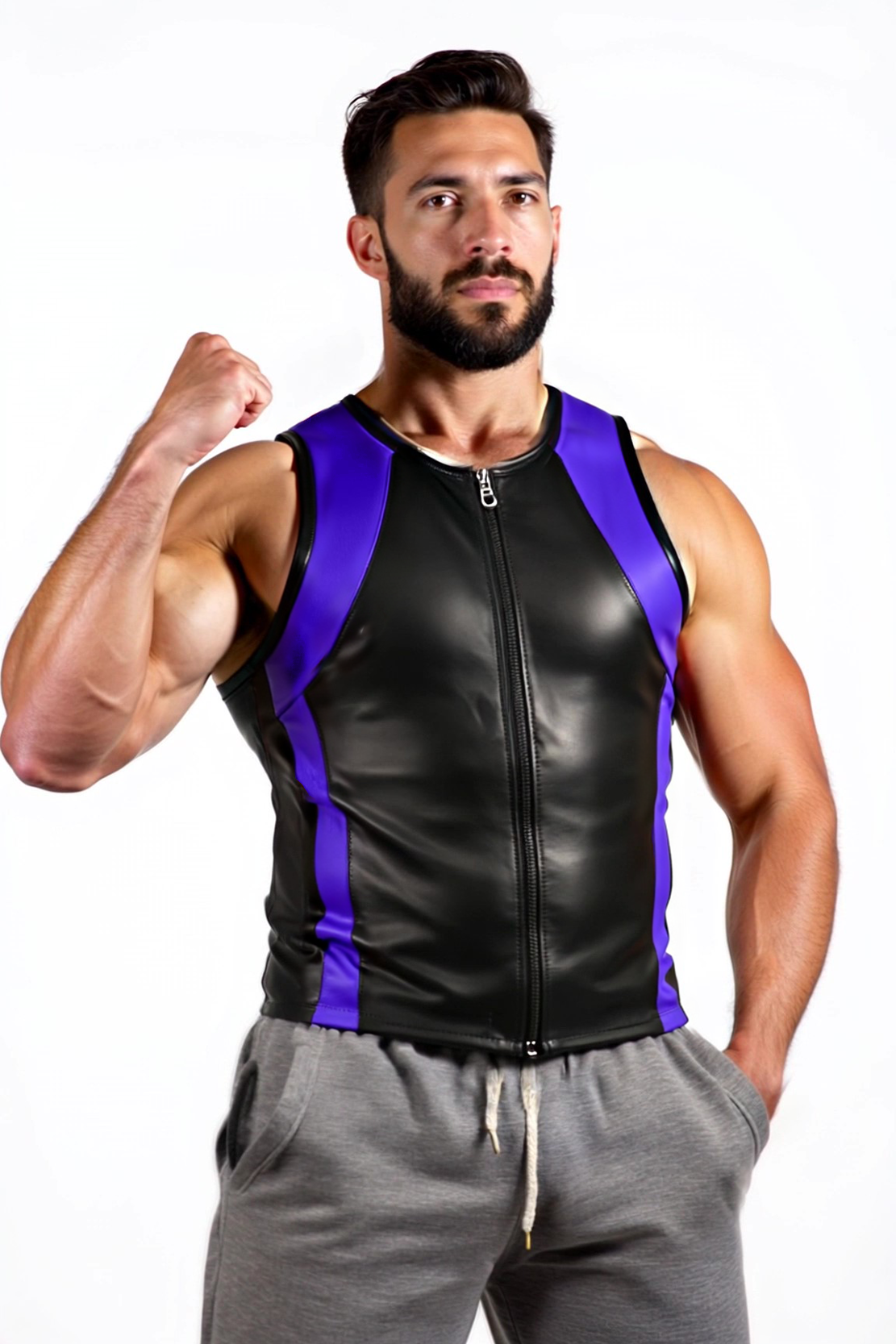 Men's Black Faux Leather Tank Top with Red Accents and Zipper