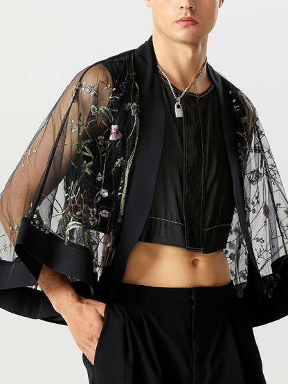 Fashion-Forward Men's Embroidered See-Through Kimono