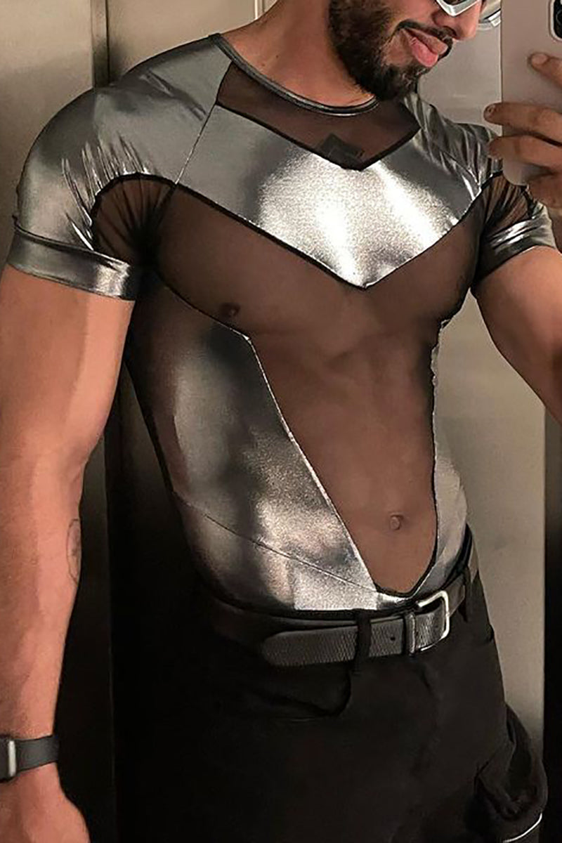 Metallic Mesh Patchwork Short Sleeve Bodysuit