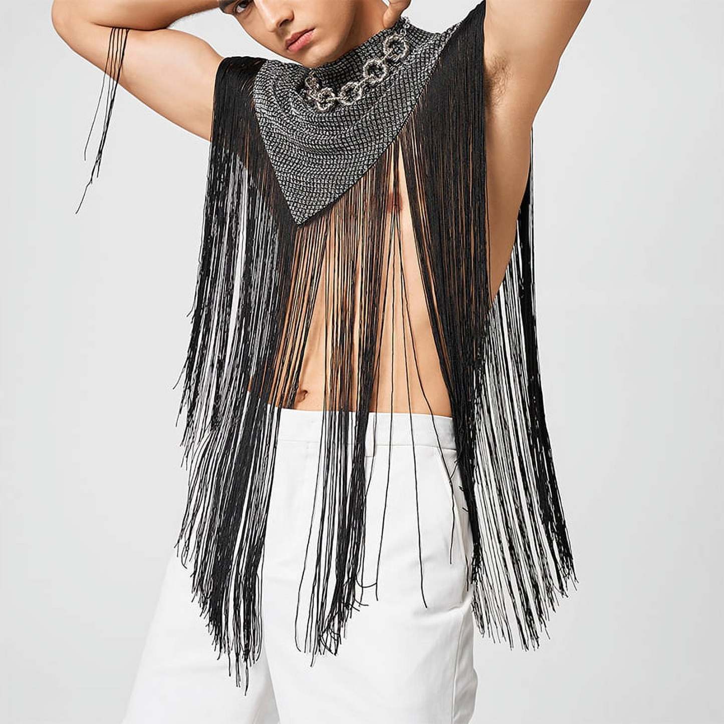 Men's Fringed Glitter Triangle Turtleneck Cape Cloak for Evening Club Party