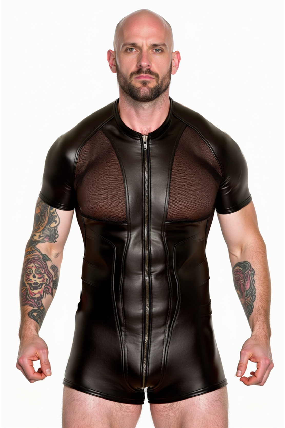 Men's Black Mesh-Backed Bodysuit with Front Zipper