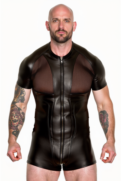 Men's Black Mesh-Backed Bodysuit with Front Zipper