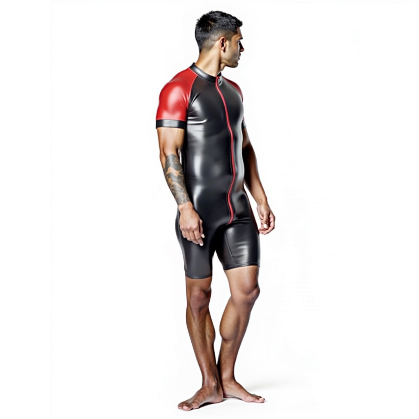 Shiny Black & Red Skin-Tight Romper – Full-Body Zip Jumpsuit