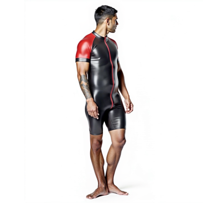 Shiny Black & Red Skin-Tight Romper – Full-Body Zip Jumpsuit