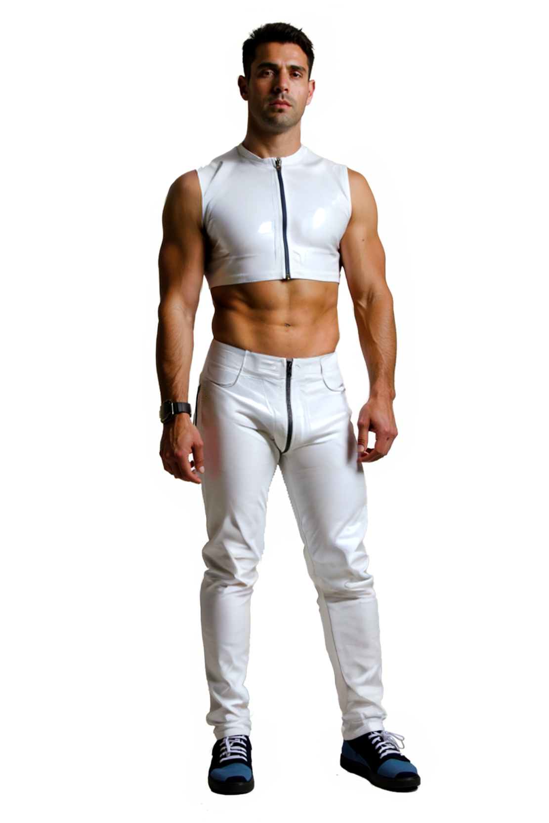 Men's Glossy White Sleeveless Crop Top & Pants Set
