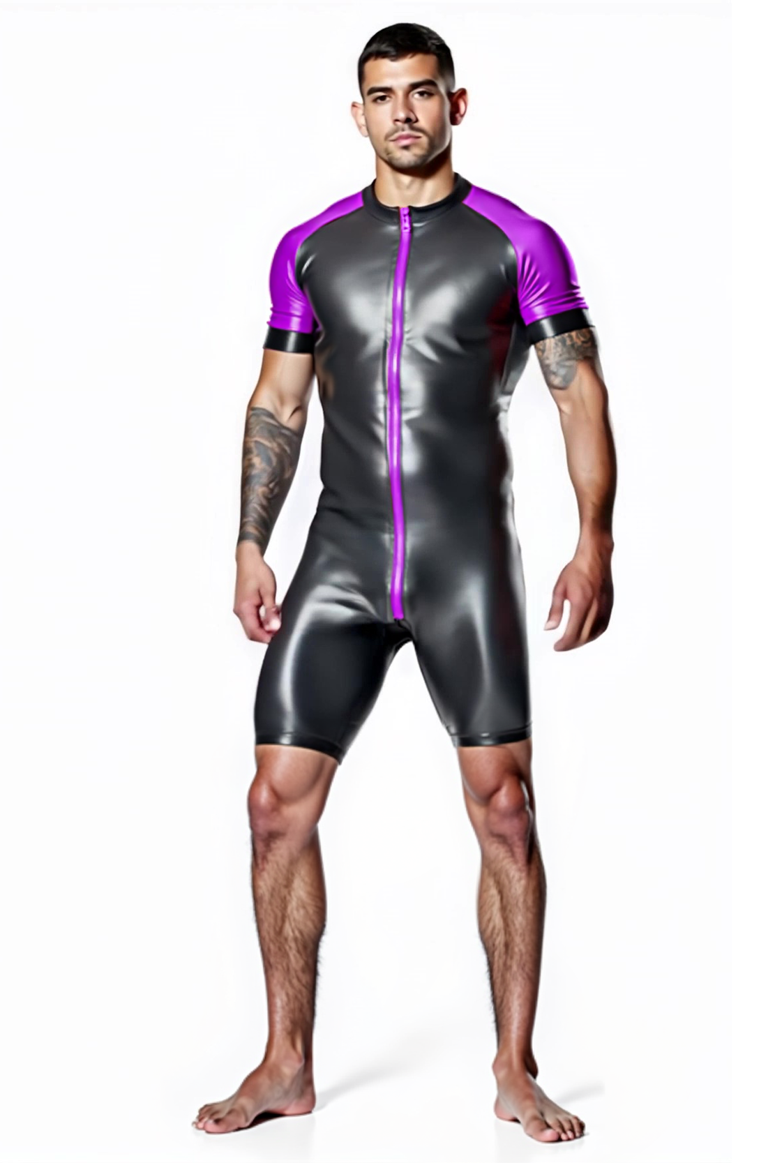 Shiny Black & Purple Skin-Tight Romper – Full-Body Zip Jumpsuit