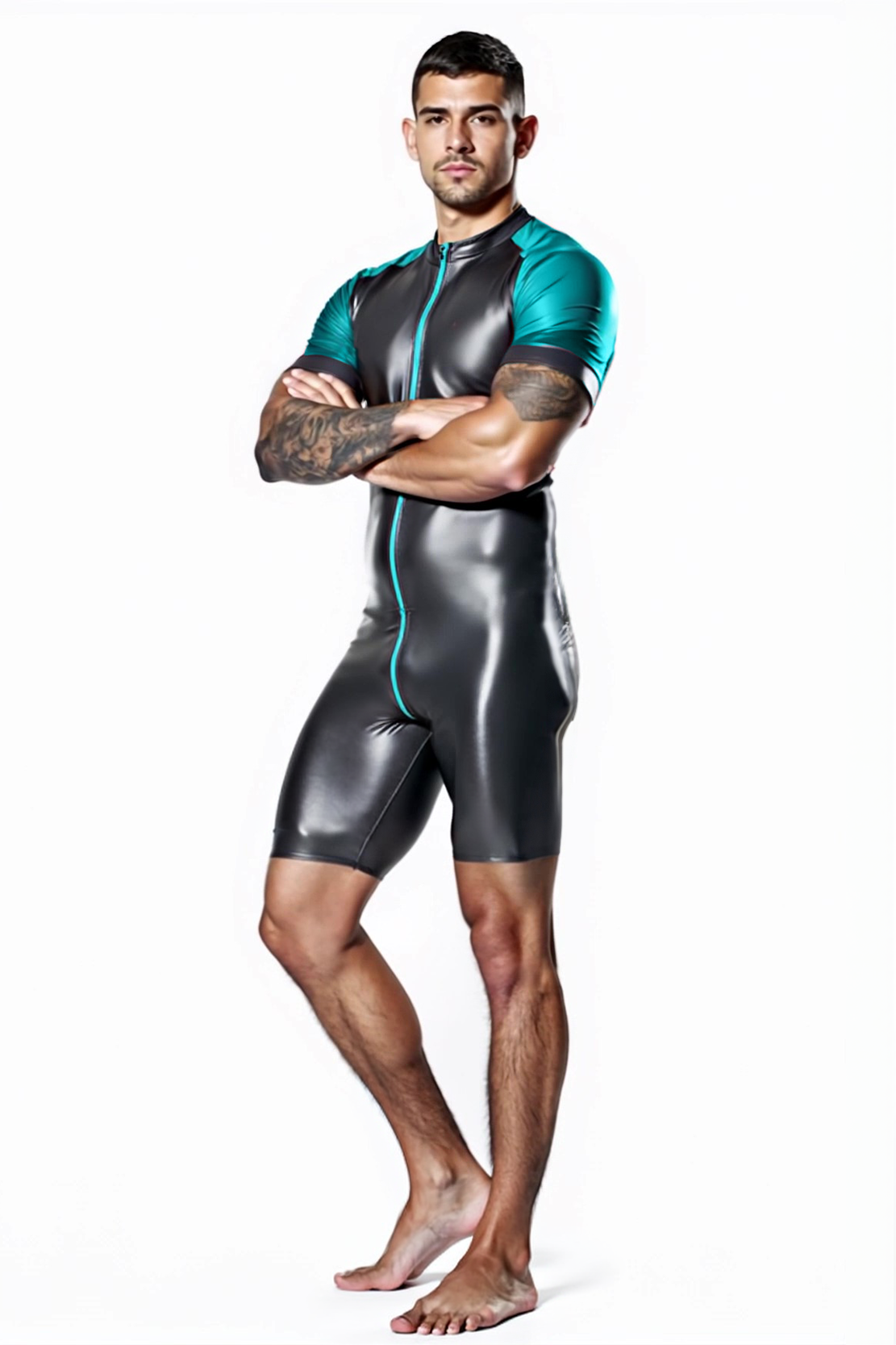 Shiny Black & Red Skin-Tight Romper – Full-Body Zip Jumpsuit