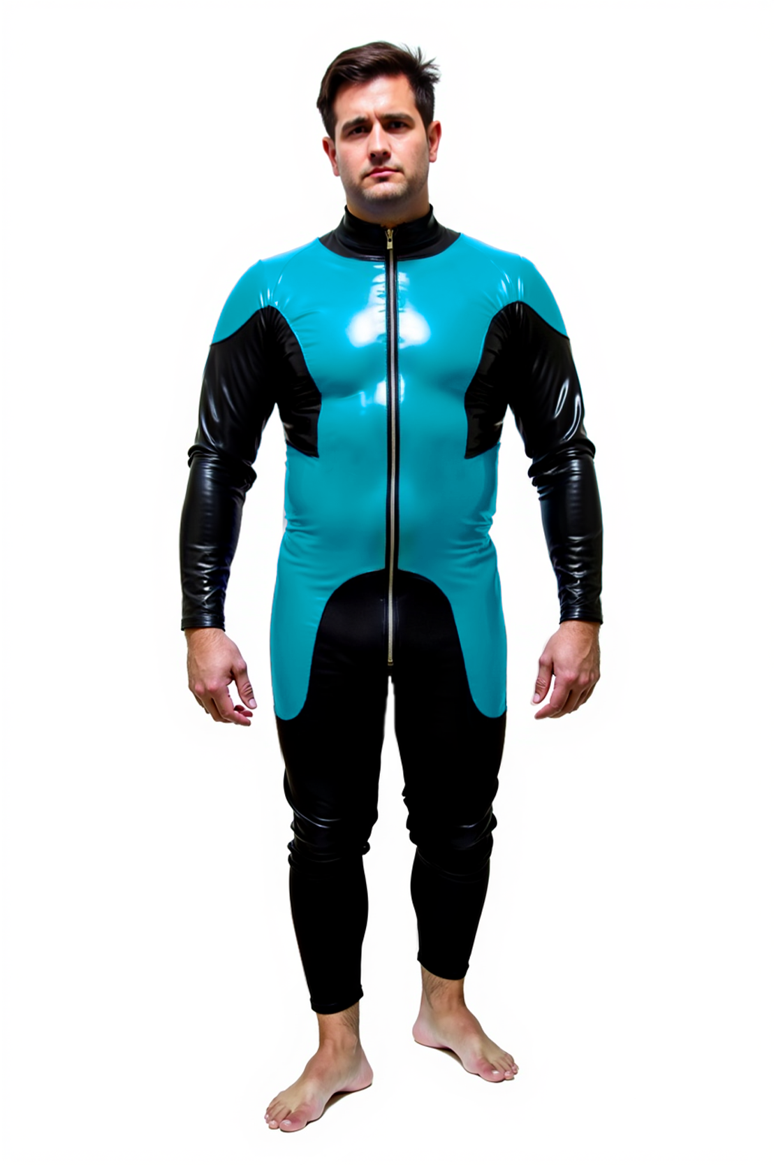 Men's Blue and Black Zip-Up Bodysuit