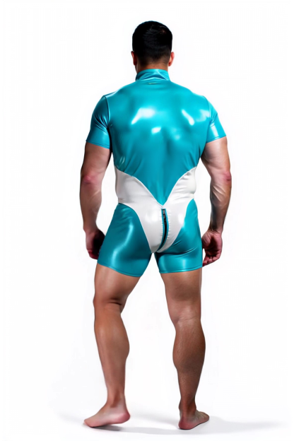 Joylgbt Men's Teal and White Short Bodysuit with Zipper Detail