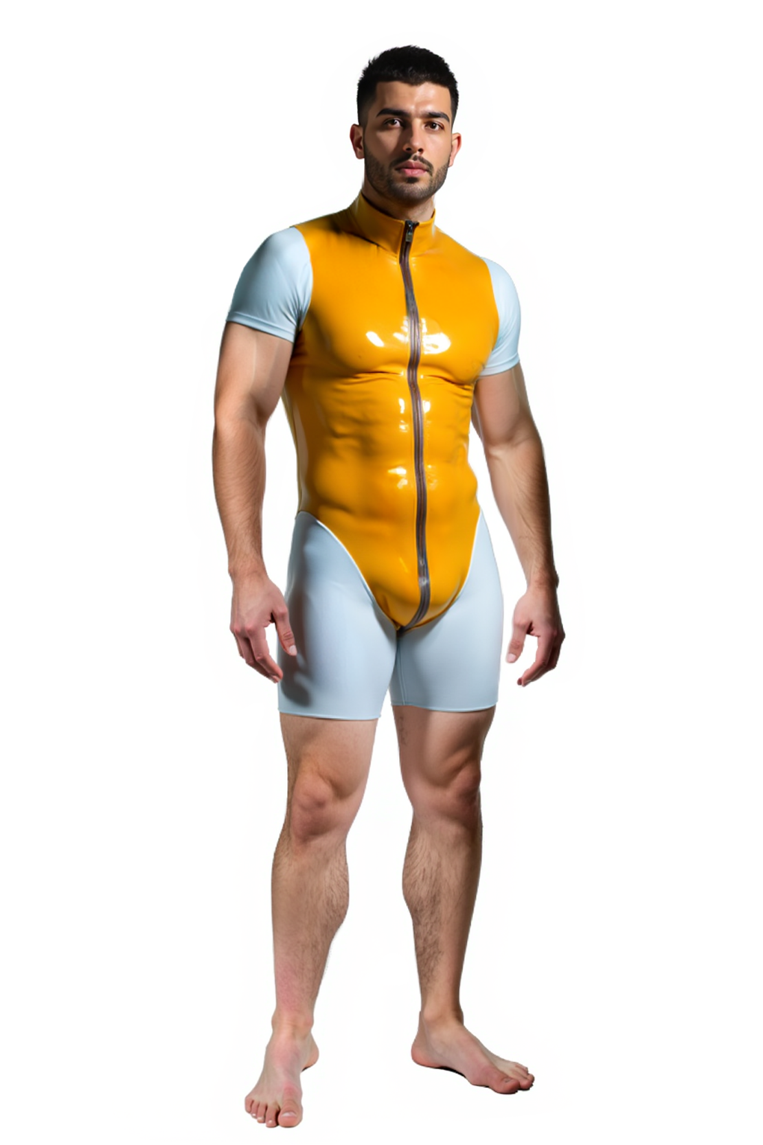 Joylgbt Men's Yellow and White Zipper Bodysuit with Fitted Design
