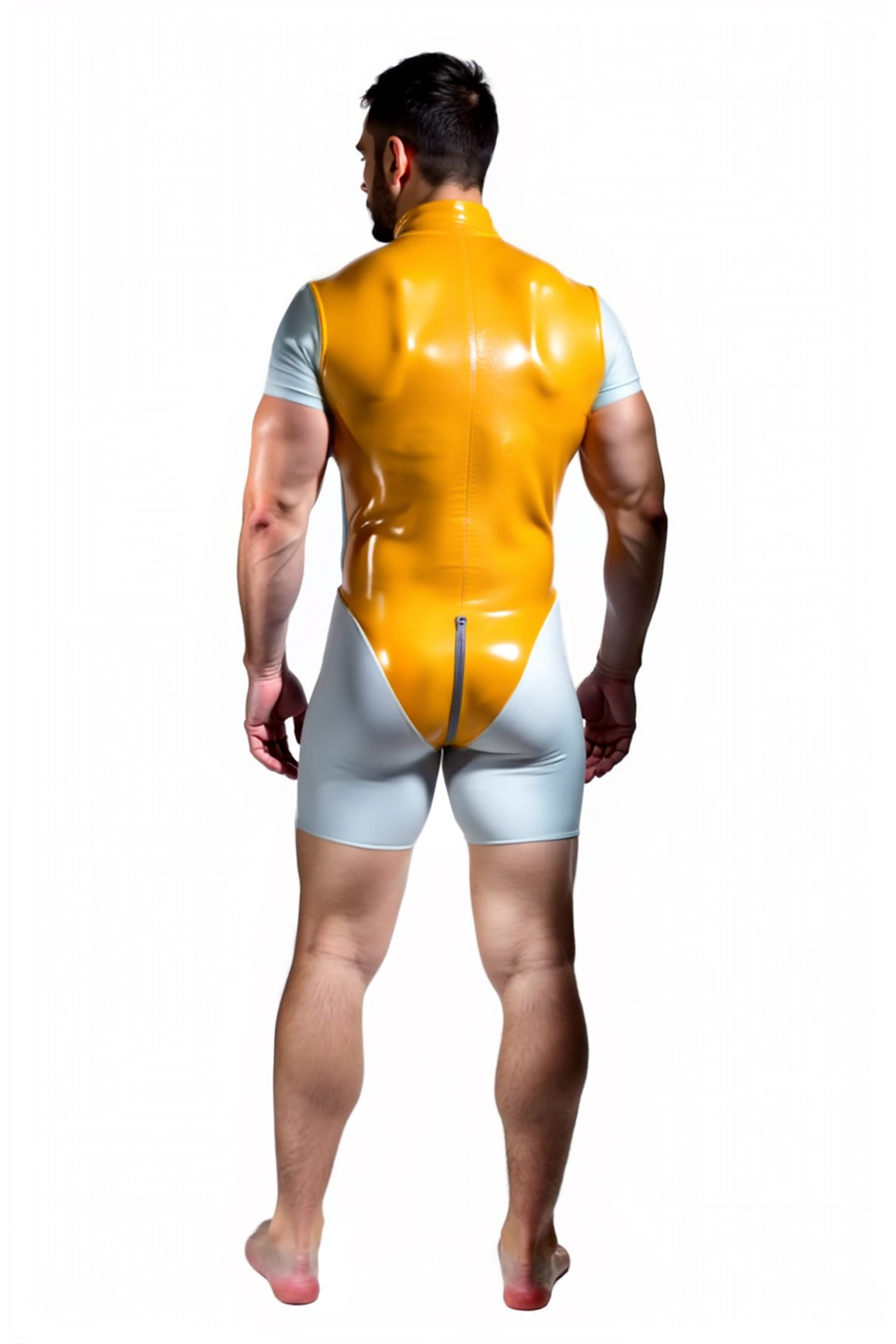 Joylgbt Men's Yellow and White Zipper Bodysuit with Fitted Design