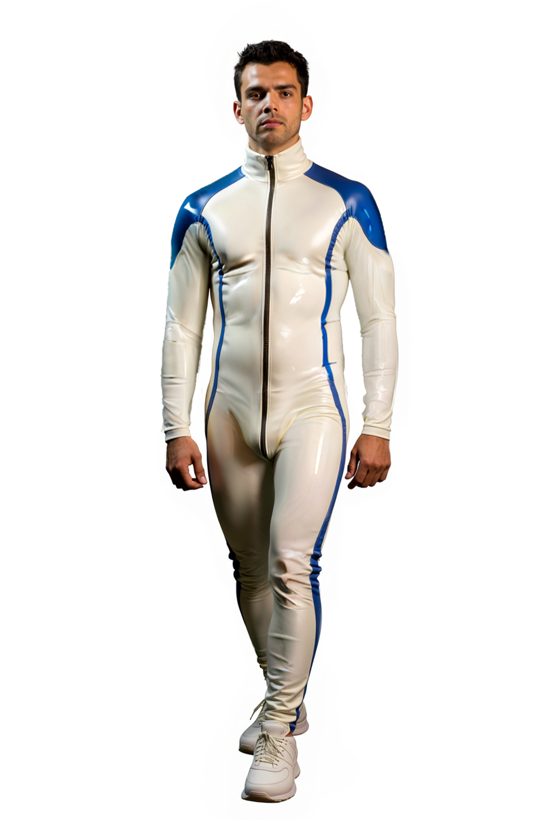 Joylgbt Men's White and Blue Full-Zip Performance Bodysuit – Aerodynamic Design