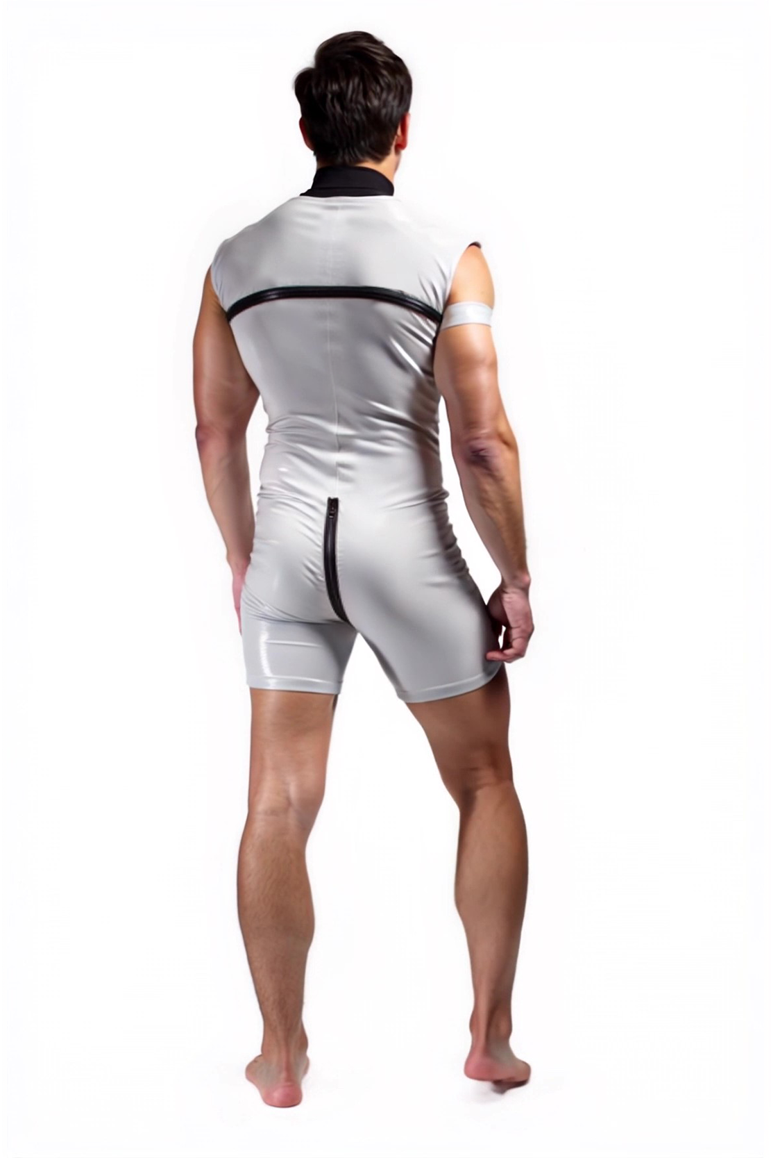 Joylgbt Futuristic Style Men's Glossy Short Suit with Zippered Front and Back