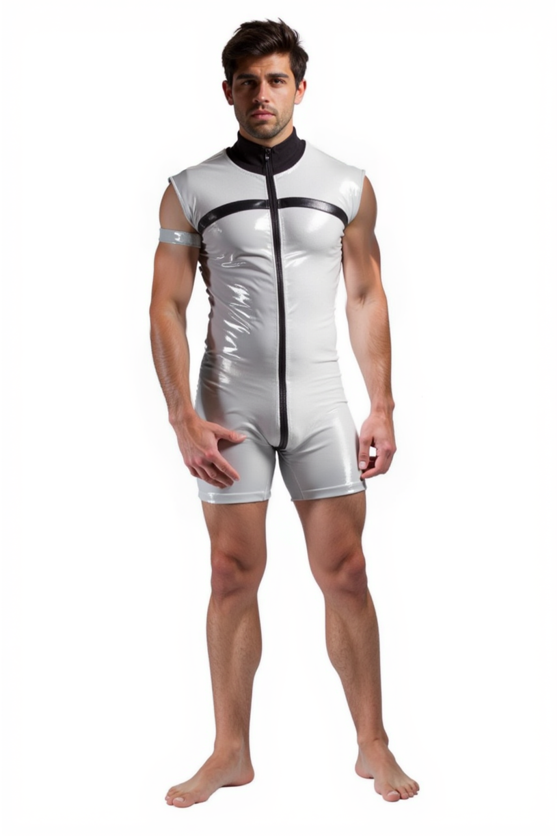 Joylgbt Futuristic Style Men's Glossy Short Suit with Zippered Front and Back