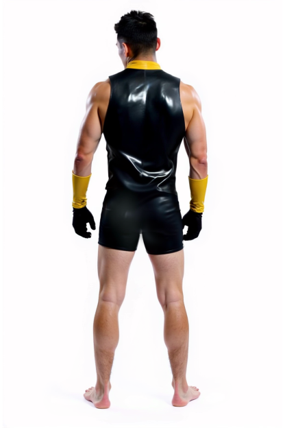 Joylgbt Men's Glossy Black and Yellow Sleeveless Bodysuit with Front Zipper（Wear wrist guards）