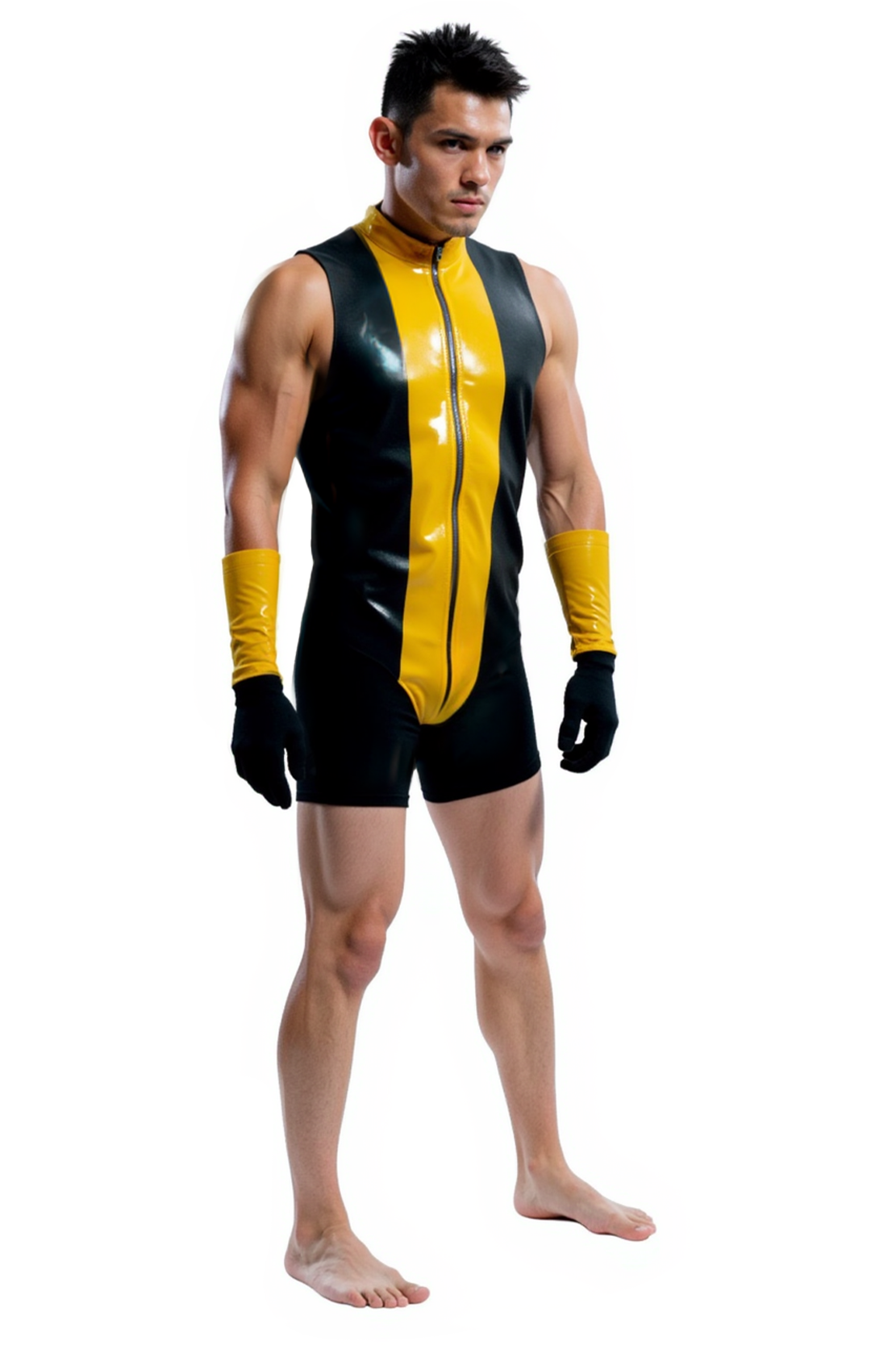 Joylgbt Men's Glossy Black and Yellow Sleeveless Bodysuit with Front Zipper（Wear wrist guards）