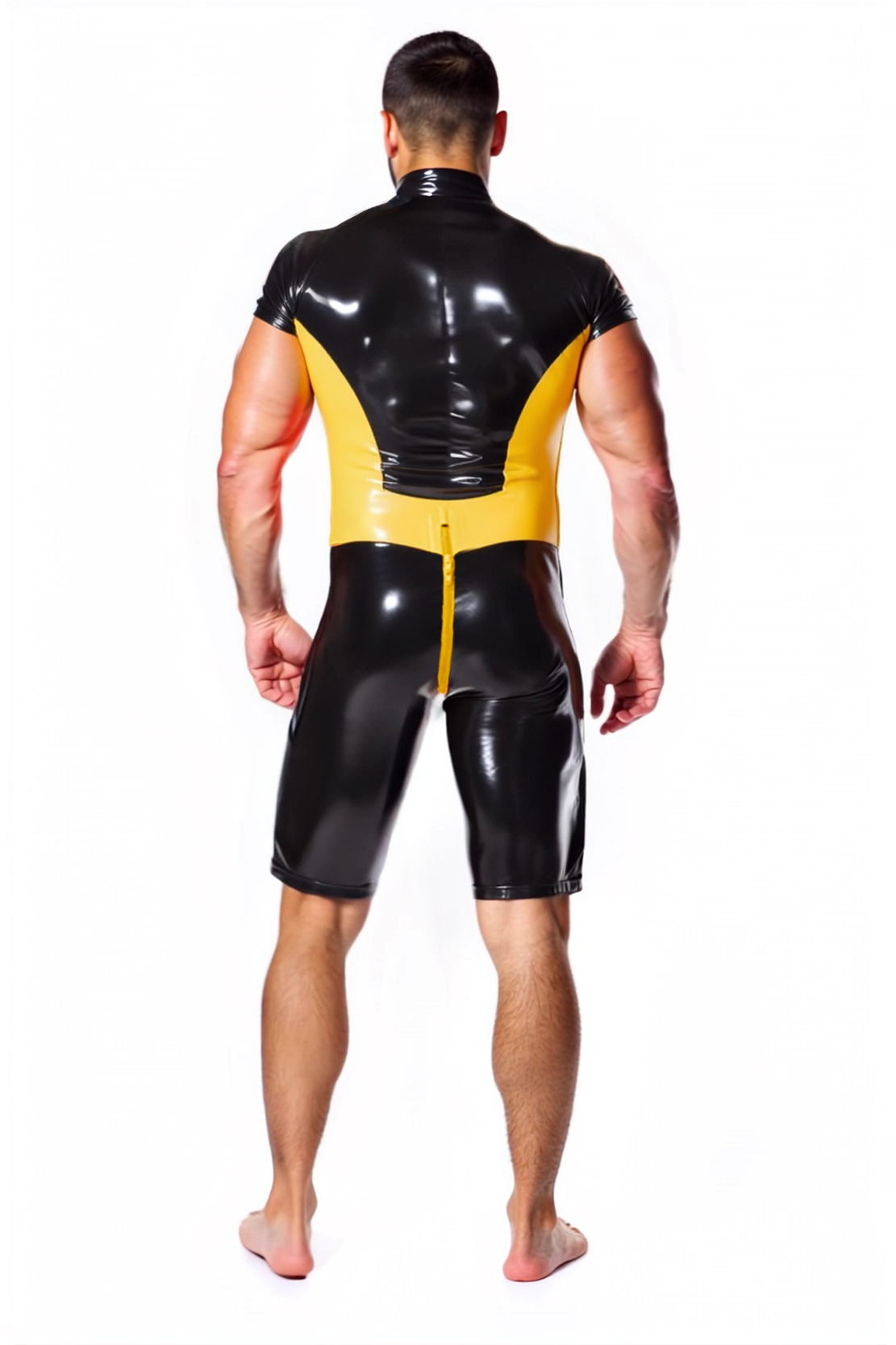 Joylgbt Men's Leather Short Bodysuit in Black and Yellow with Dual Zippers