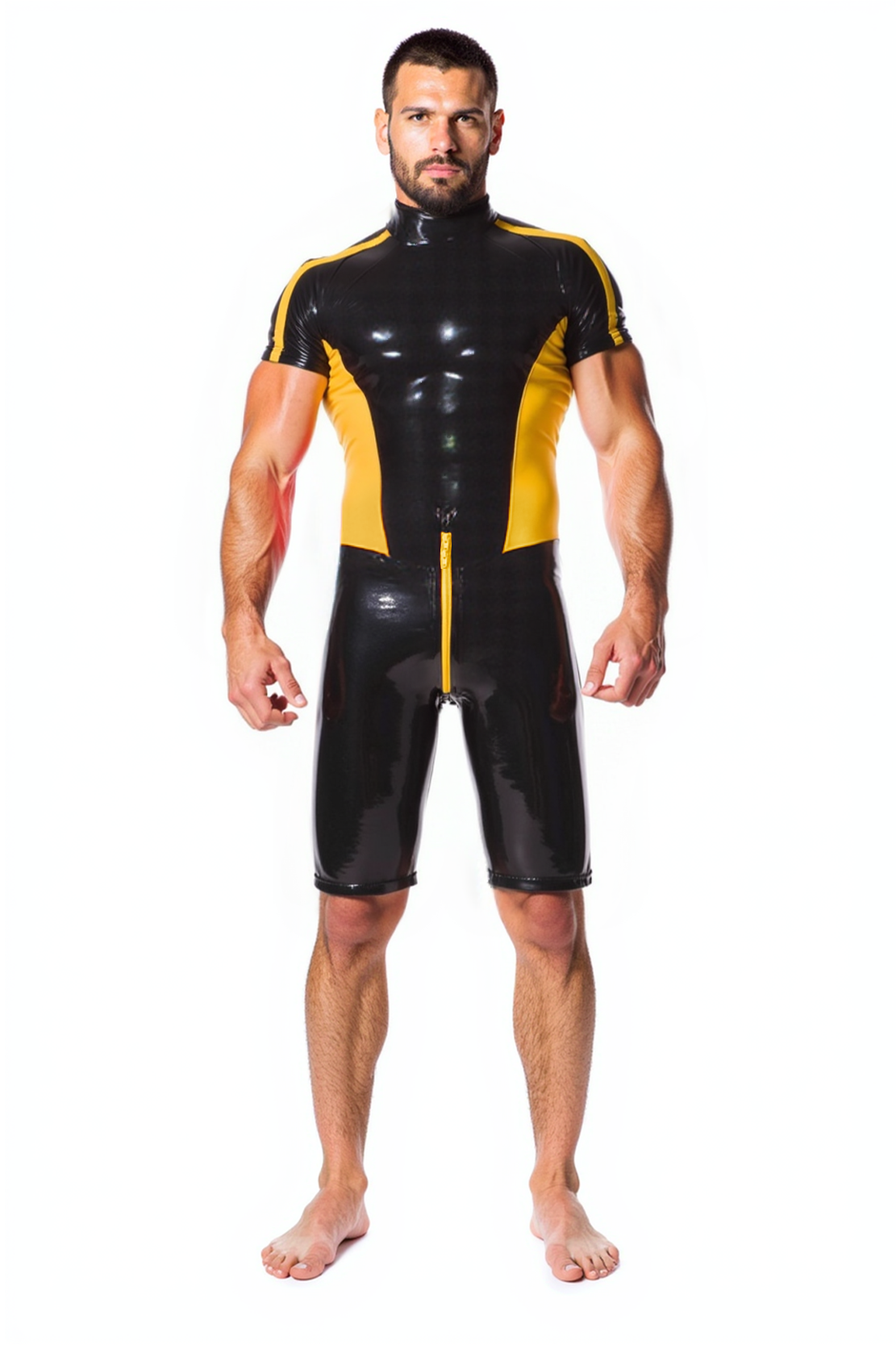 Joylgbt Men's Leather Short Bodysuit in Black and Yellow with Dual Zippers
