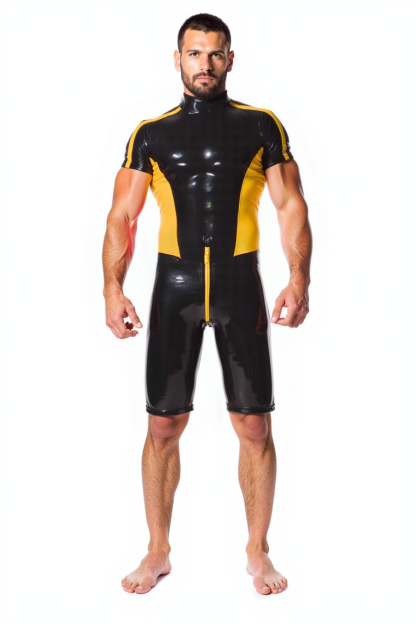 Joylgbt Men's Leather Short Bodysuit in Black and Yellow with Dual Zippers