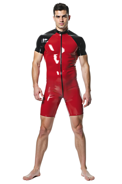 Crimson Blaze – Red & Black Gloss PU Splice Bodysuit with Front and Back Zippers