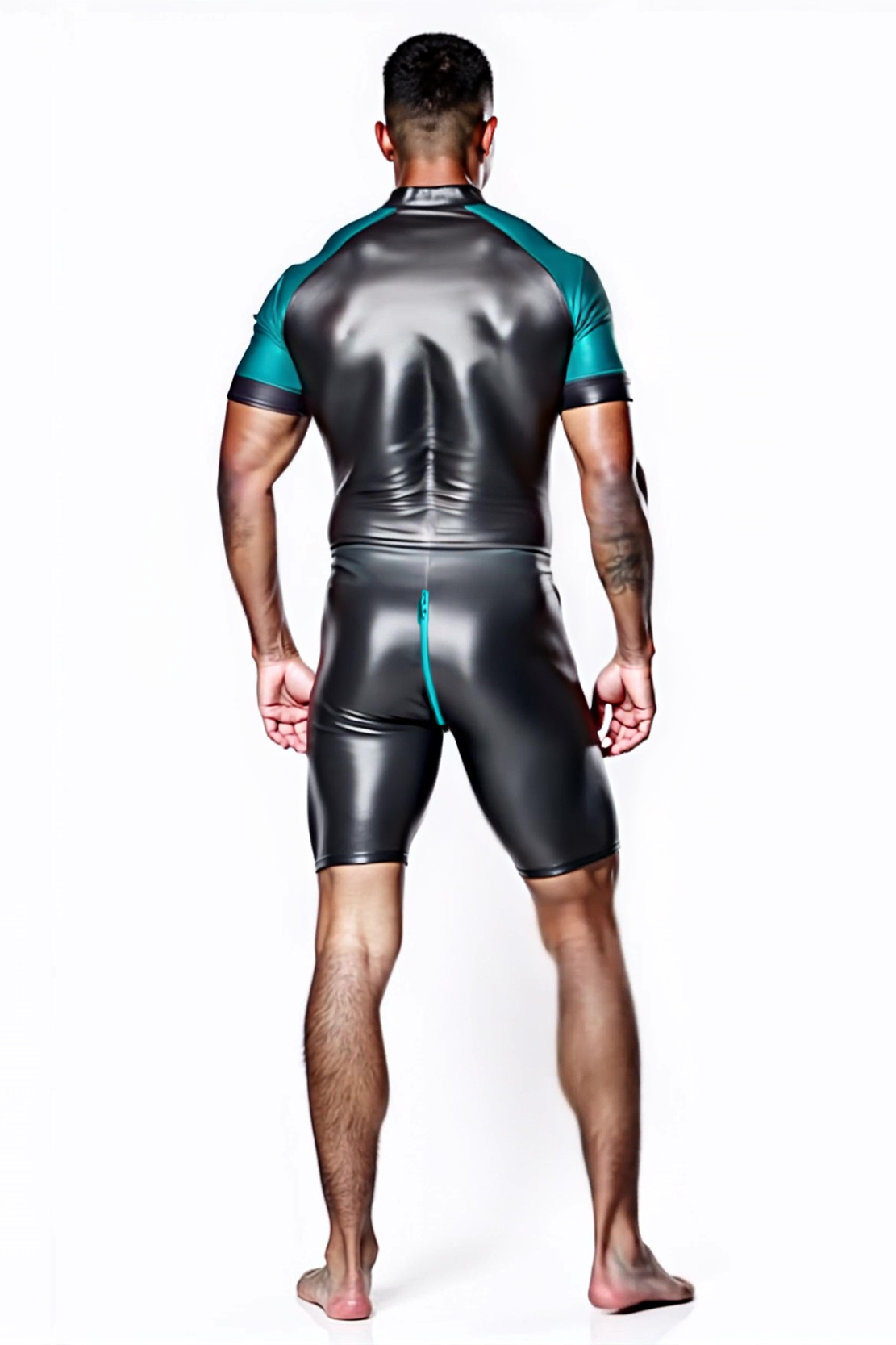 Shiny Black & Red Skin-Tight Romper – Full-Body Zip Jumpsuit