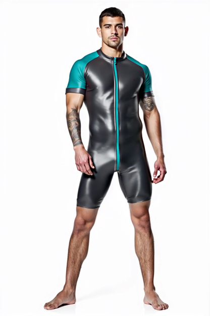 Shiny Black & Red Skin-Tight Romper – Full-Body Zip Jumpsuit