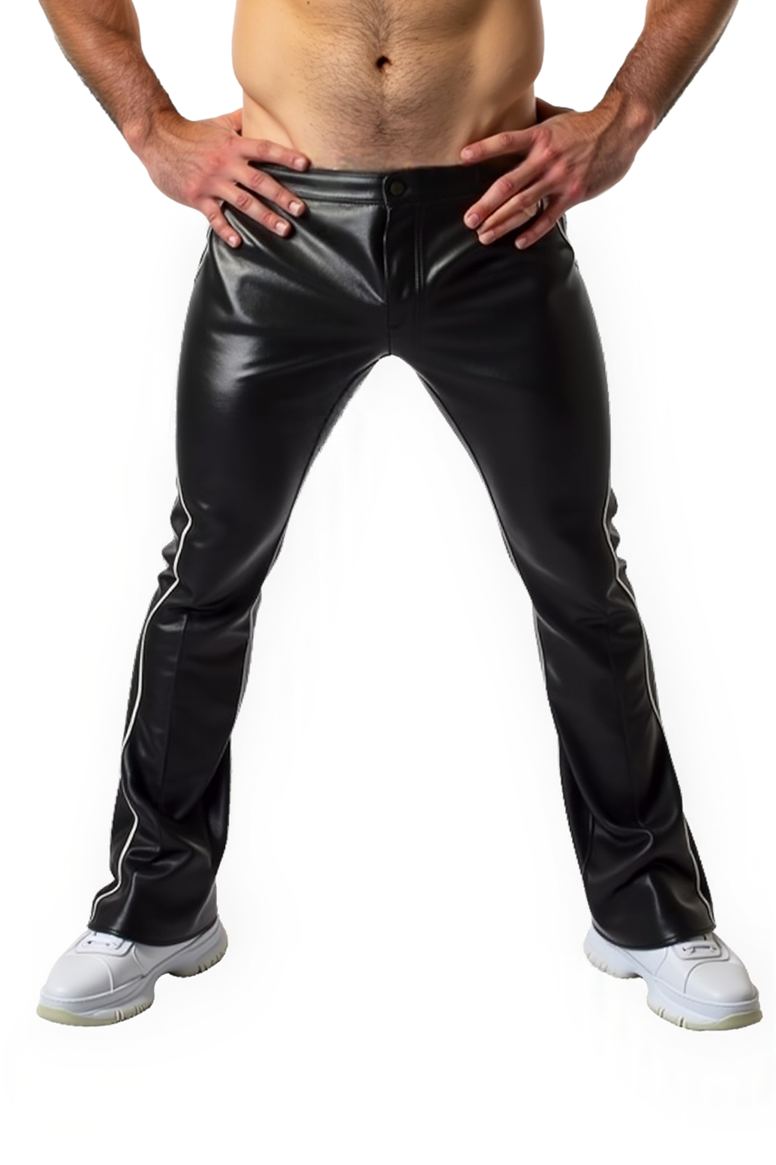 Pleather Flare Pants with Stacked Leg and Side Stripe