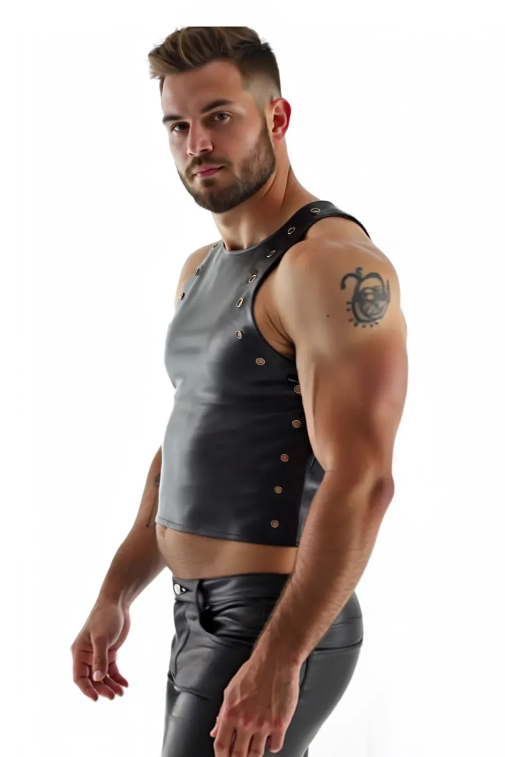 Grommet Leather Sleeveless Crop Top in Brut