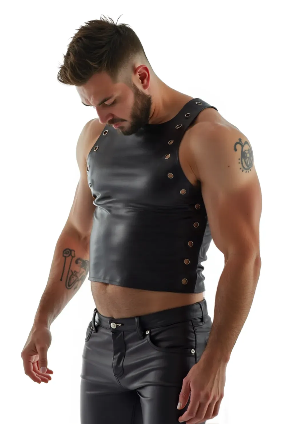 Grommet Leather Sleeveless Crop Top in Brut