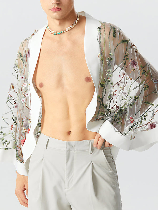 Fashion-Forward Men's Embroidered See-Through Kimono
