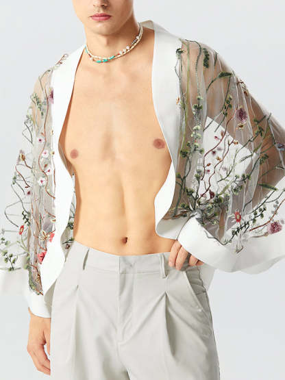 Fashion-Forward Men's Embroidered See-Through Kimono
