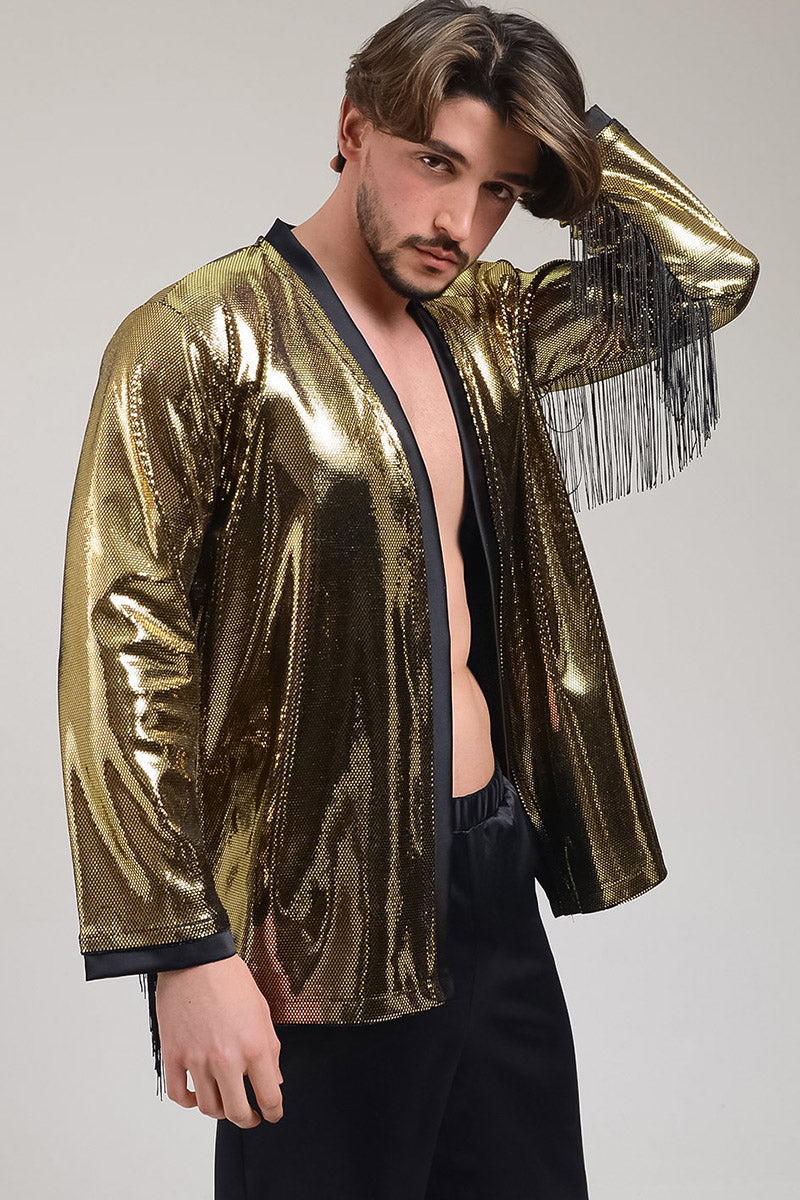 Dazzling Metallic Gold Kimono with Fringe: Perfect for Boho Vibes!