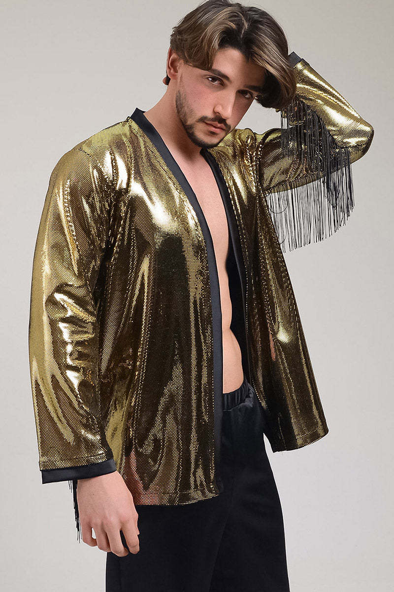 Dazzling Metallic Gold Kimono with Fringe: Perfect for Boho Vibes!