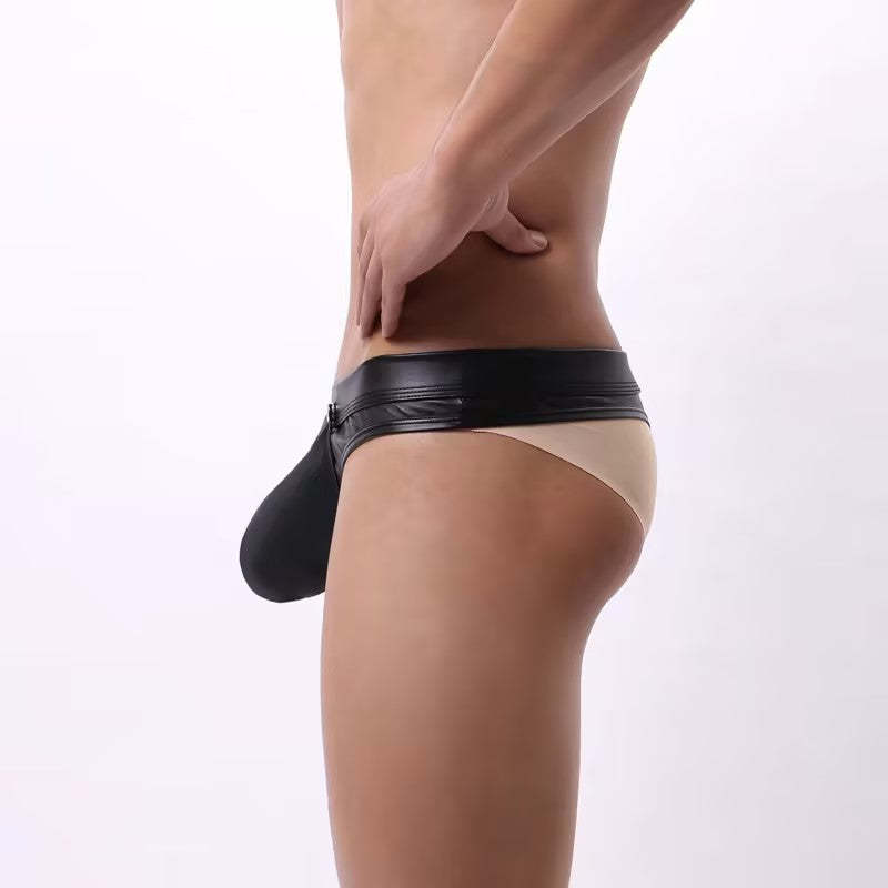 Fabpride Adjustable Black Leather-Style Men’s Bikini Briefs with Unique Detailing