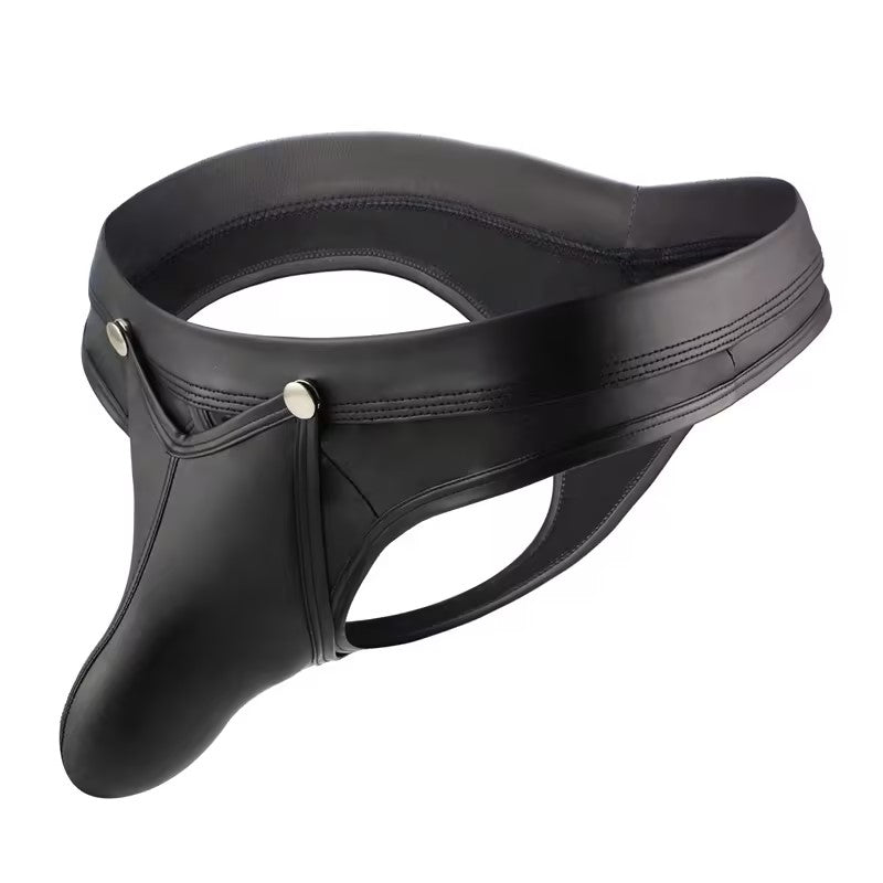 Fabpride Adjustable Black Leather-Style Men’s Bikini Briefs with Unique Detailing