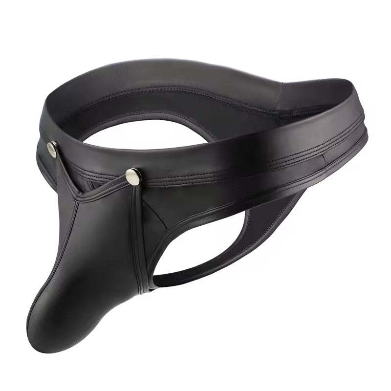 Fabpride Adjustable Black Leather-Style Men’s Bikini Briefs with Unique Detailing